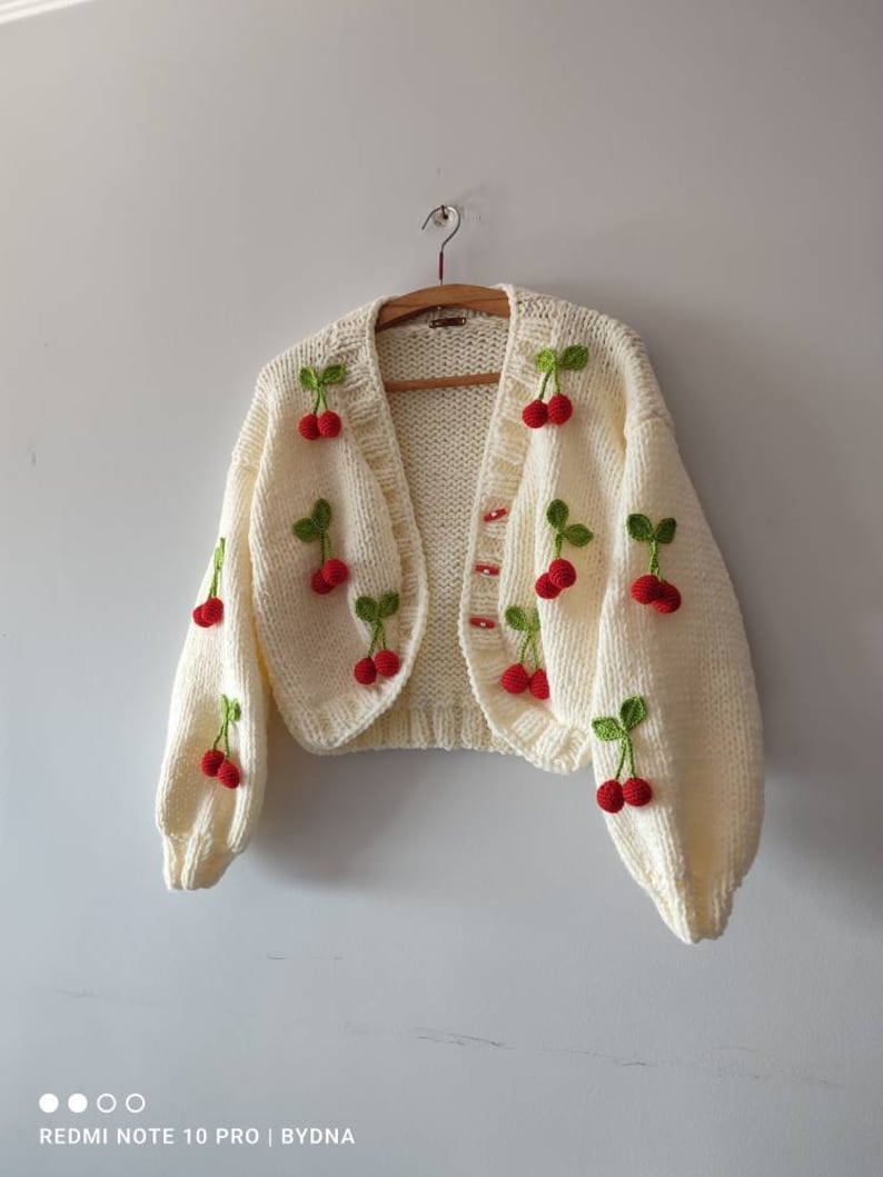Oversize Cherry cardigan, woman fruit embroidery jumper