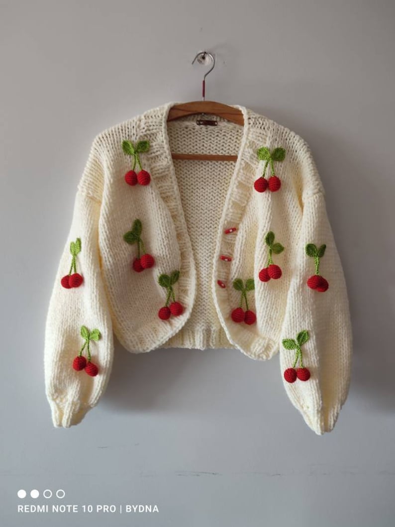 Oversize Cherry cardigan, woman fruit embroidery jumper