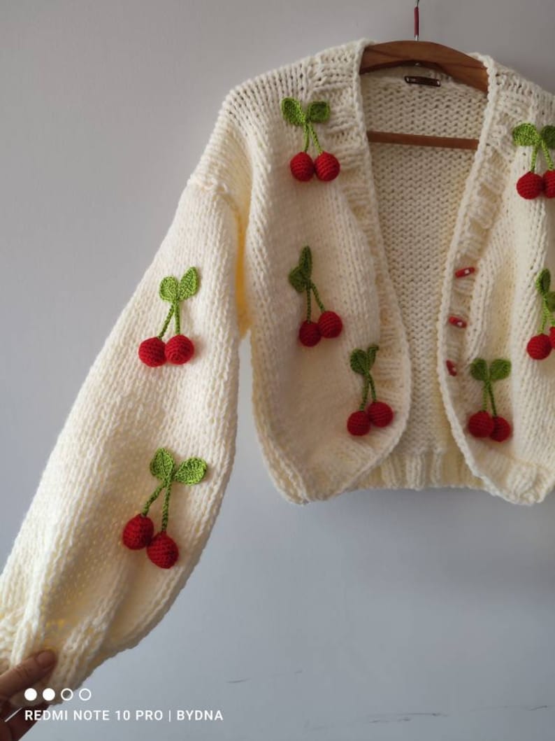 Oversize Cherry cardigan, woman fruit embroidery jumper