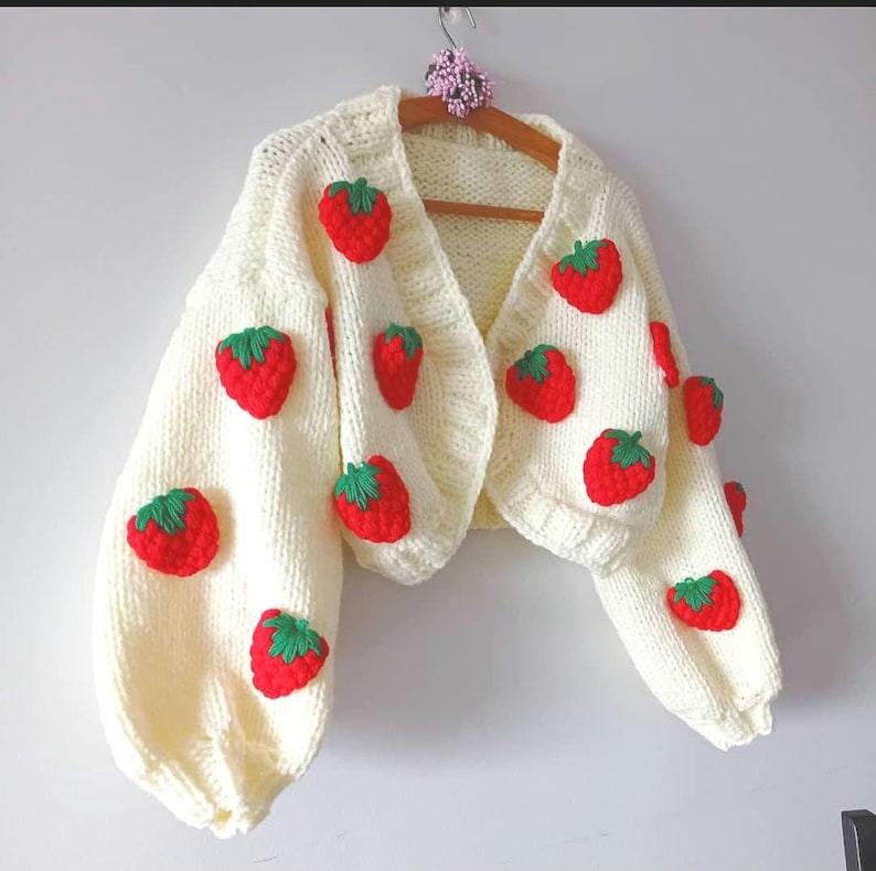 Strawberry Knit Cardigan, embroidery fruit Sweater